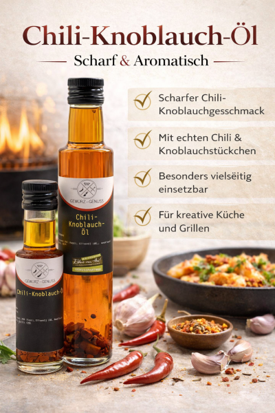 Chili Knoblauch &Ouml;l kaufen | Scharfes W&uuml;rz&ouml;l f&uuml;r K&uuml;che & Grill | Gew&uuml;rz-Genuss